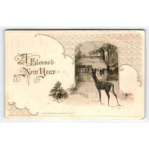 A Blessed New Year Postcard John Winsch Deer Looks At Snow Covered Home 1913